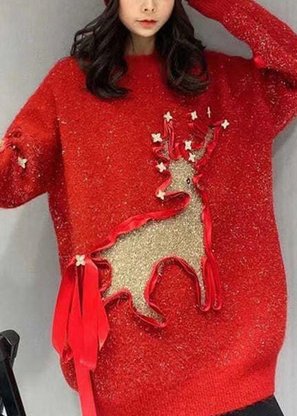 Stylish Red O Neck Patch Loose Knit Sweaters Spring TN019