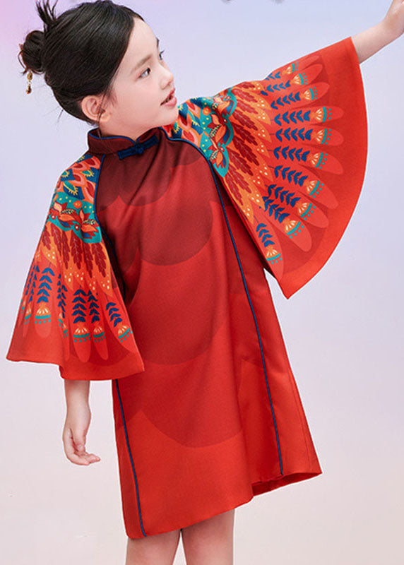 Cloak Stylish Sleeves Print Red Vacation Maxi Dresses Kids