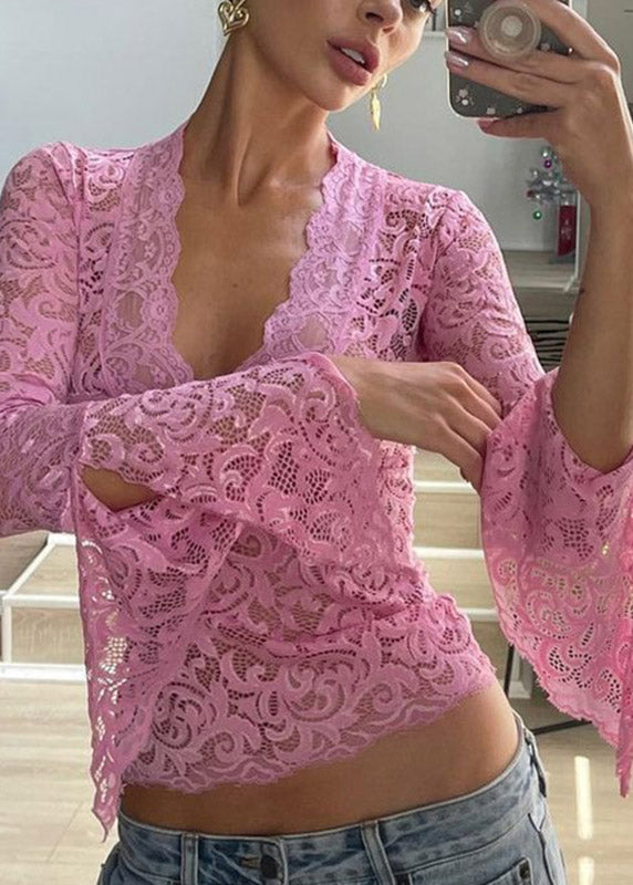 Red Shirts Flare Sleeve T Lace V Neck Stylish