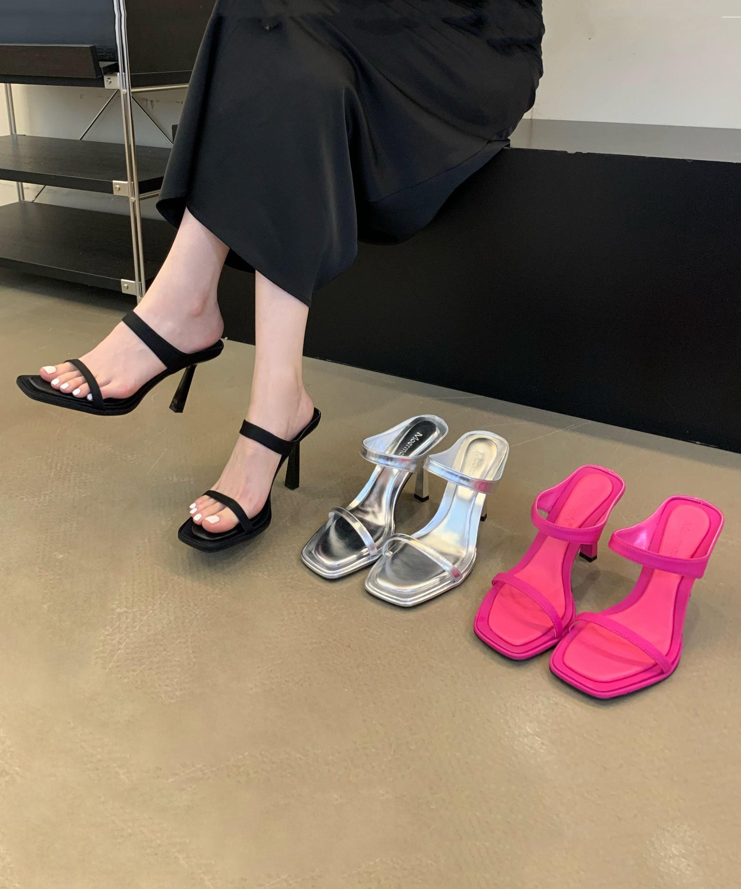 Rose Toe Leather Peep Slide Stiletto Stylish Sandals Faux