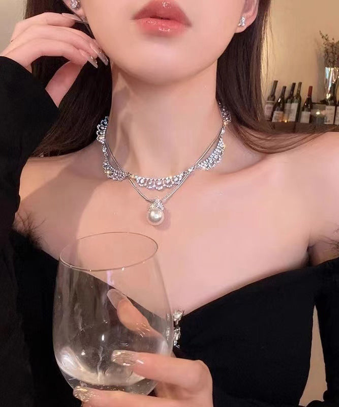 Stylish Silk Sterling Silver Zircon Double Layer Pearl Pendant Necklace YD005