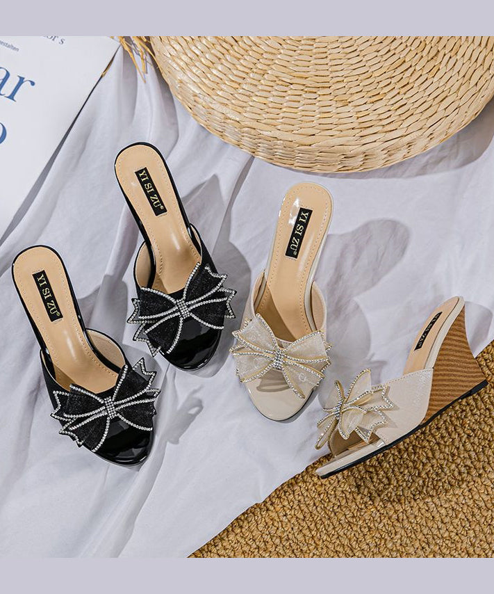 Slide Heels Sandals Toe Wedge Peep Black Splicing Stylish Bow