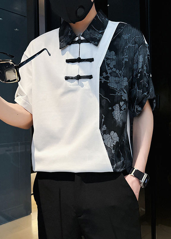 Print White Mens Cotton Patchwork Asymmetrical Stylish Polo