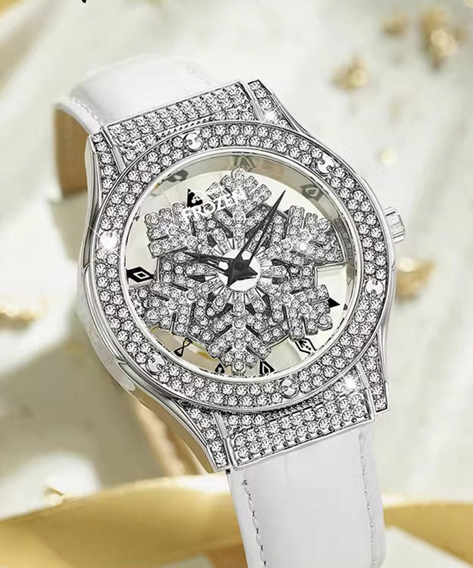 Leather Quartz Movement White Watches Stylish Zircon Waterproof