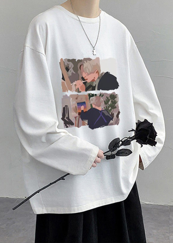 White Stylish Mens Spring Cotton O T Shirts Neck Print