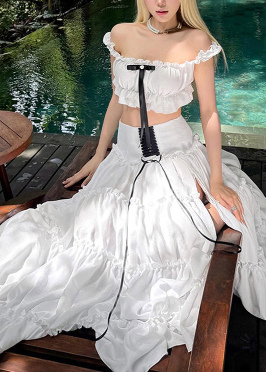 Set Ruffled Cotton Summer Patchwork White Pieces Stylish Two