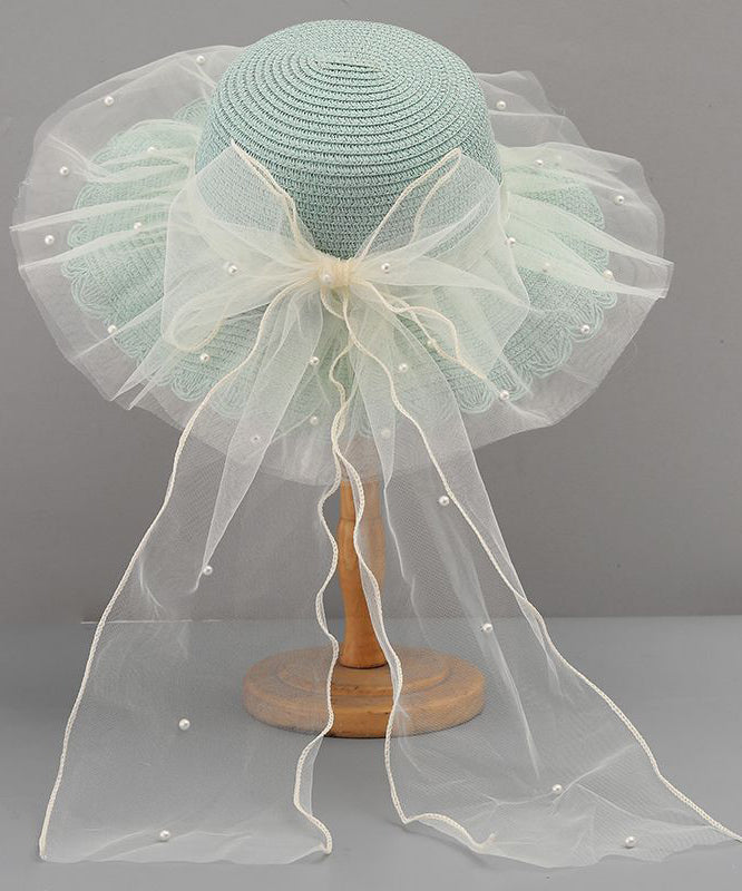 Floppy Straw Woven Tulle Bow Sun White Hat Stylish