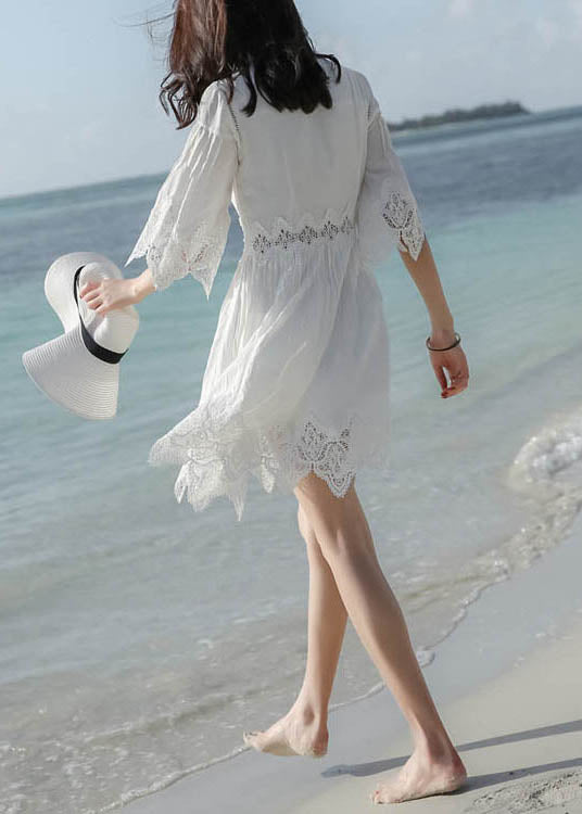 White Half Stylish Patchwork Dress Lace Mid Sleeve Neck V