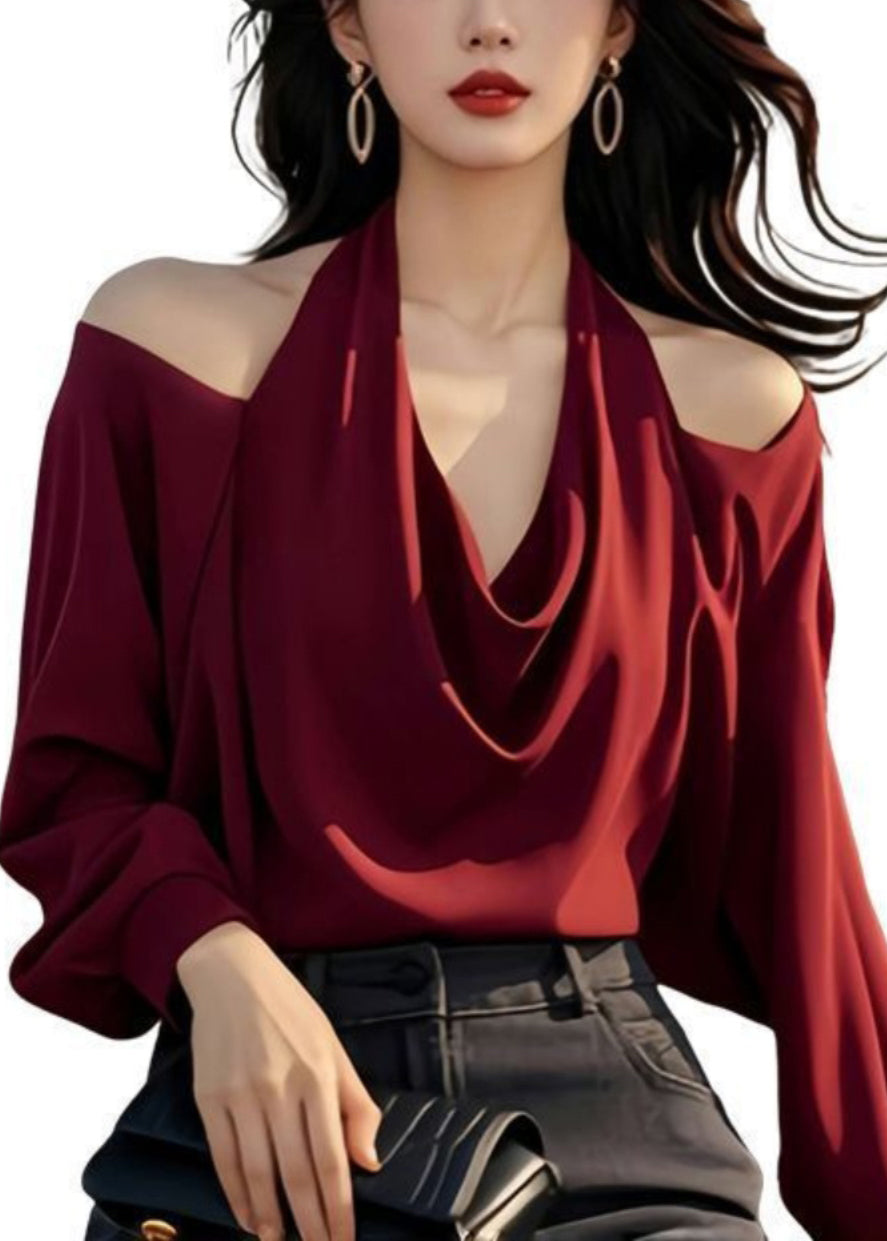 Red Wine Spring Original Cold Solid Design Stylish Shoulder Tops