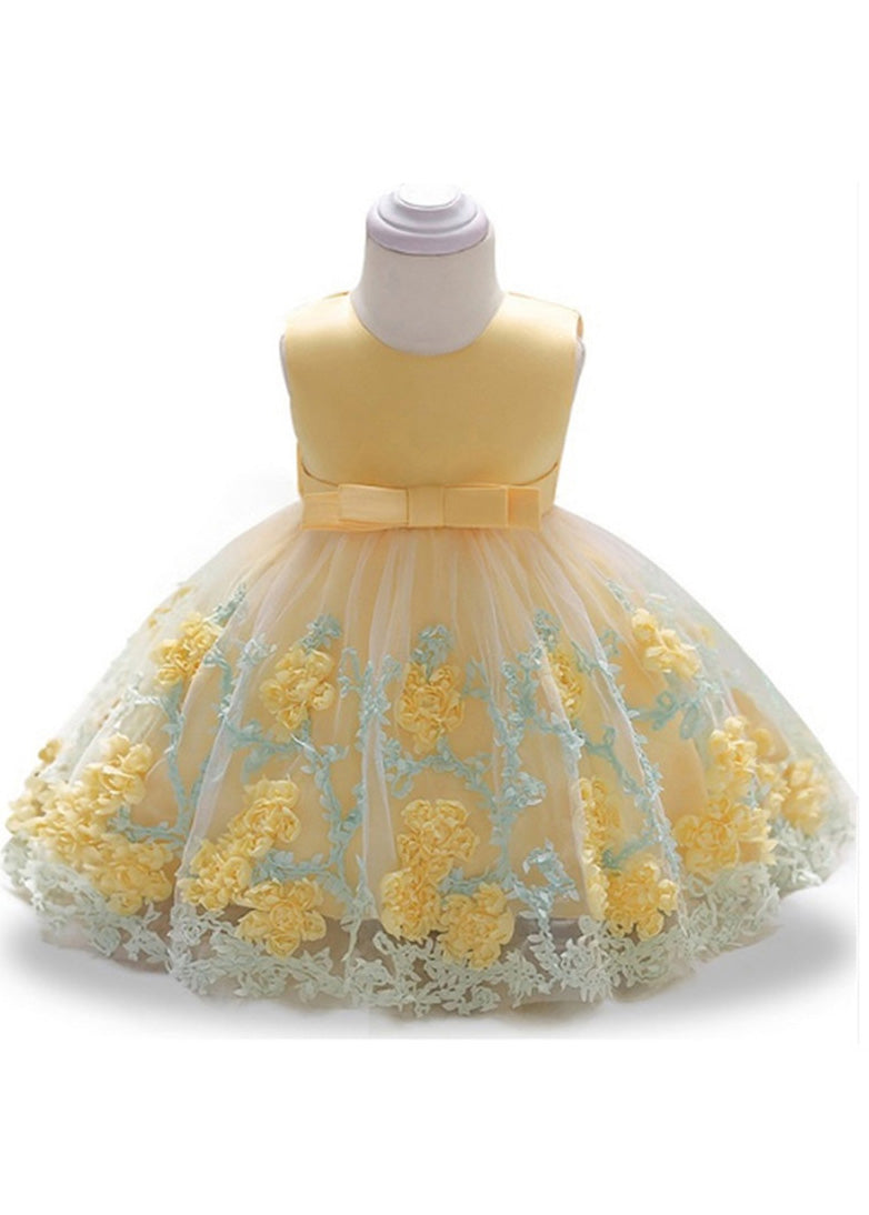 Stylish Yellow O-Neck Embroideried Floral Tulle Girls Long Dresses Summer YS031