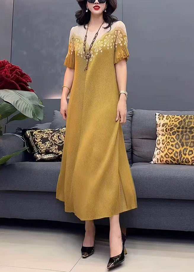 O-Neck Cotton Print Long Yellow Dress Summer Stylish