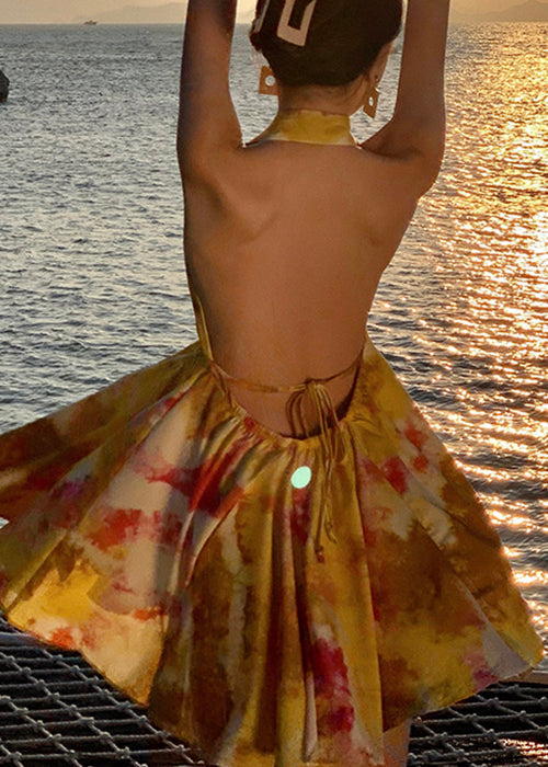 Mini Backless Stylish Print Up Yellow Lace Dresses Chiffon