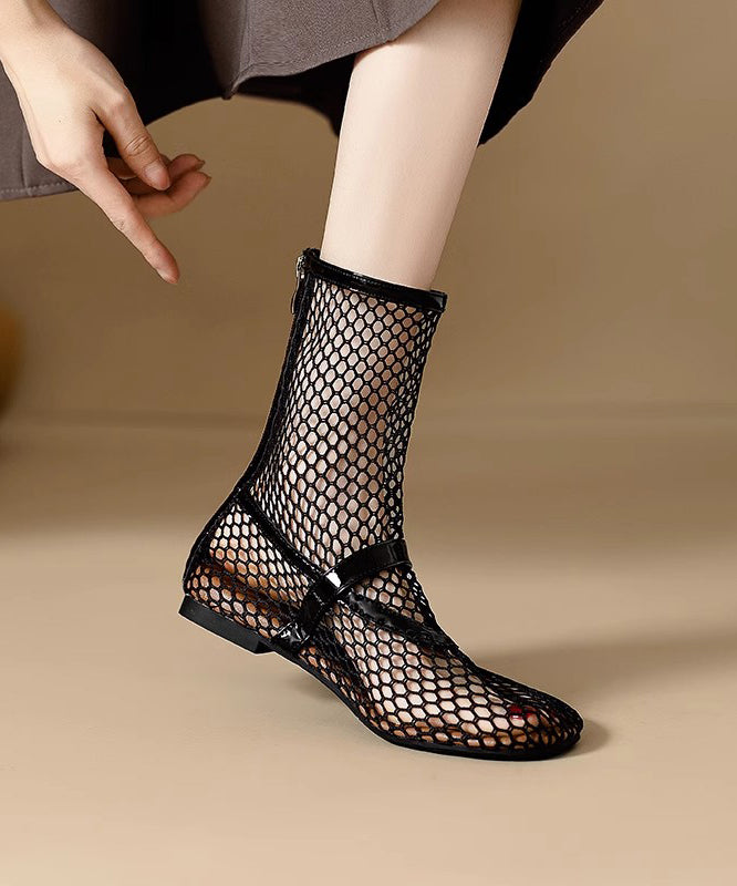 Out Boots Mesh Hollow Splicing Zippered Black Stylish Breathable