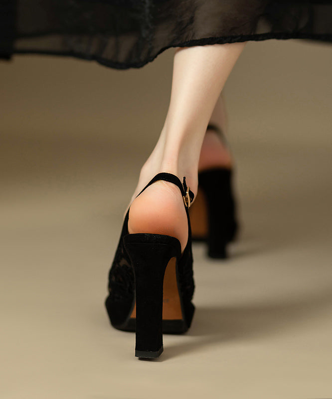 Embroidered Lace Suede Heels Black Sandals High Fashion