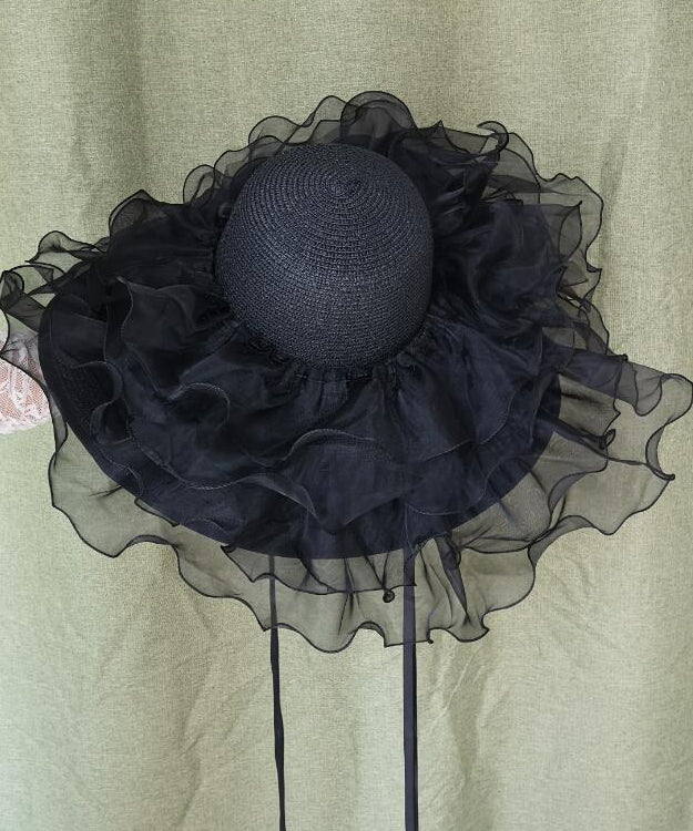 Summer Hat Organza Woven Big Black Brimmed Ruffled Straw