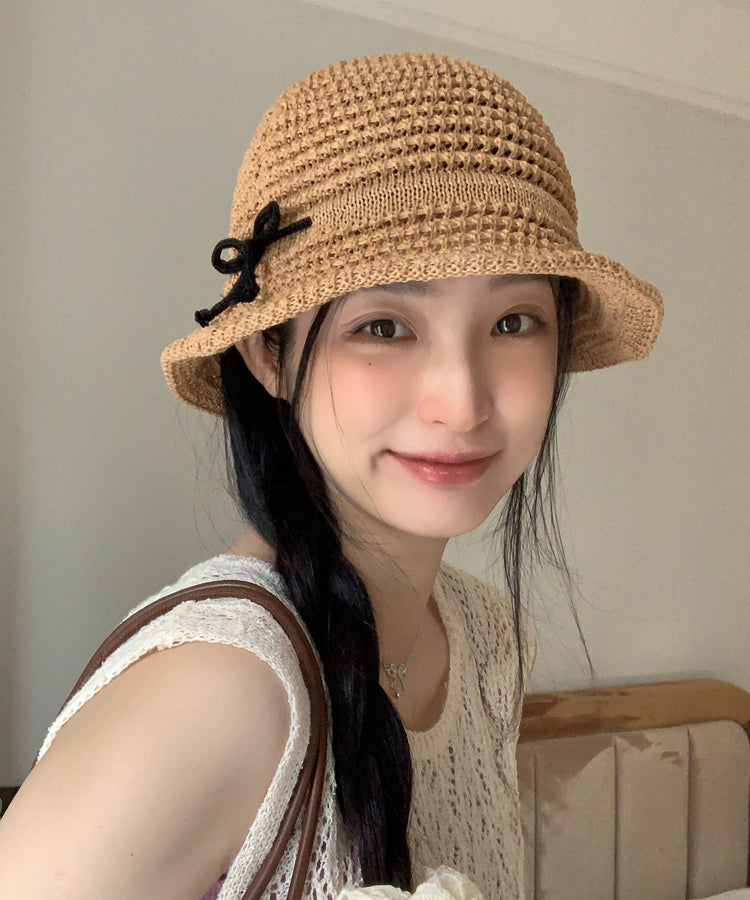 Bucket Eave Hat Large Summer Bow Camel Sunshade Hollow