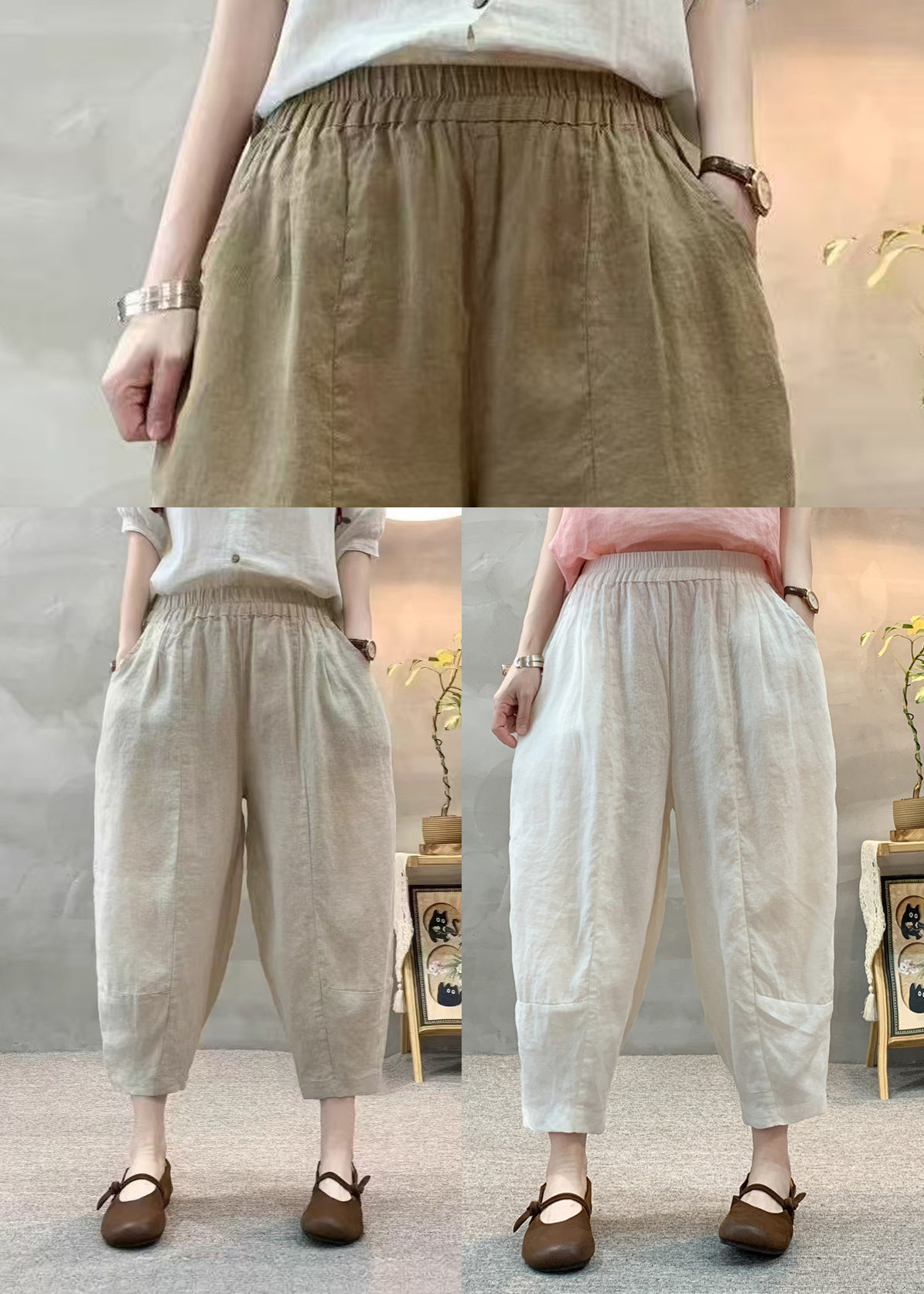 Unique Linen Oversized Pants Apricot Crop Summer