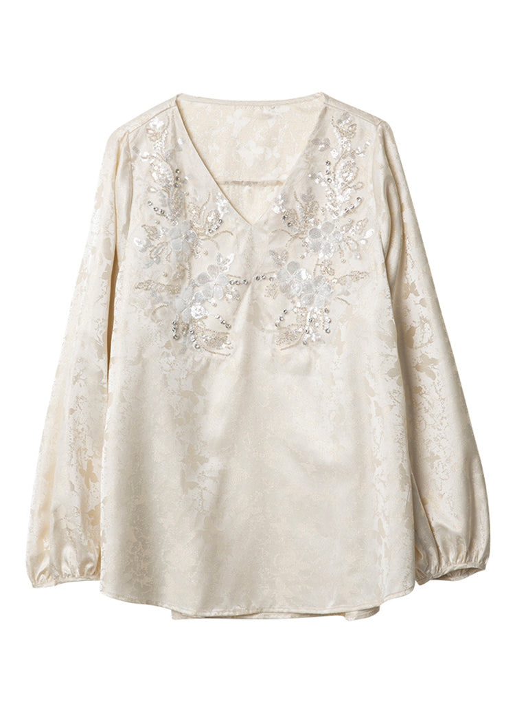 Neck V Beige Chiffon Unique Spring Zircon Top Shirt Jacquard