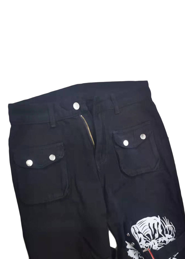 Print Unique Pockets Pants Summer Button Denim Black