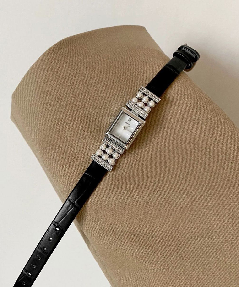 Leather Pearl Crystal Watches Black Hardlex Zircon Unique