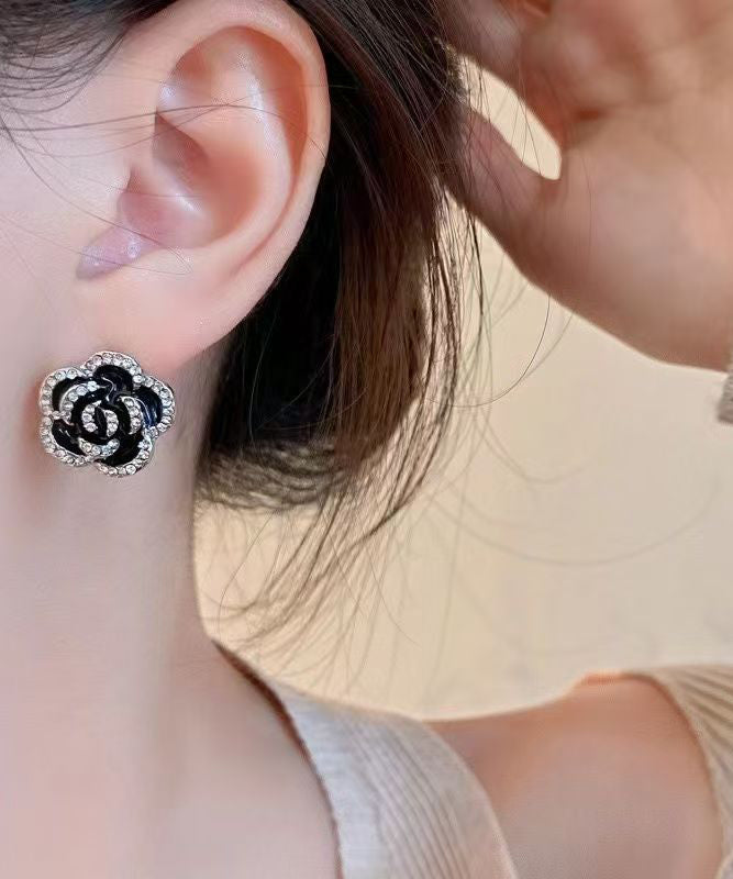 Earrings Floral Overgild Stud Black Srerling Unique Zircon Silver