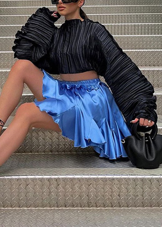 Unique Black Wrinkled Solid Cotton Top Long Sleeve KK046