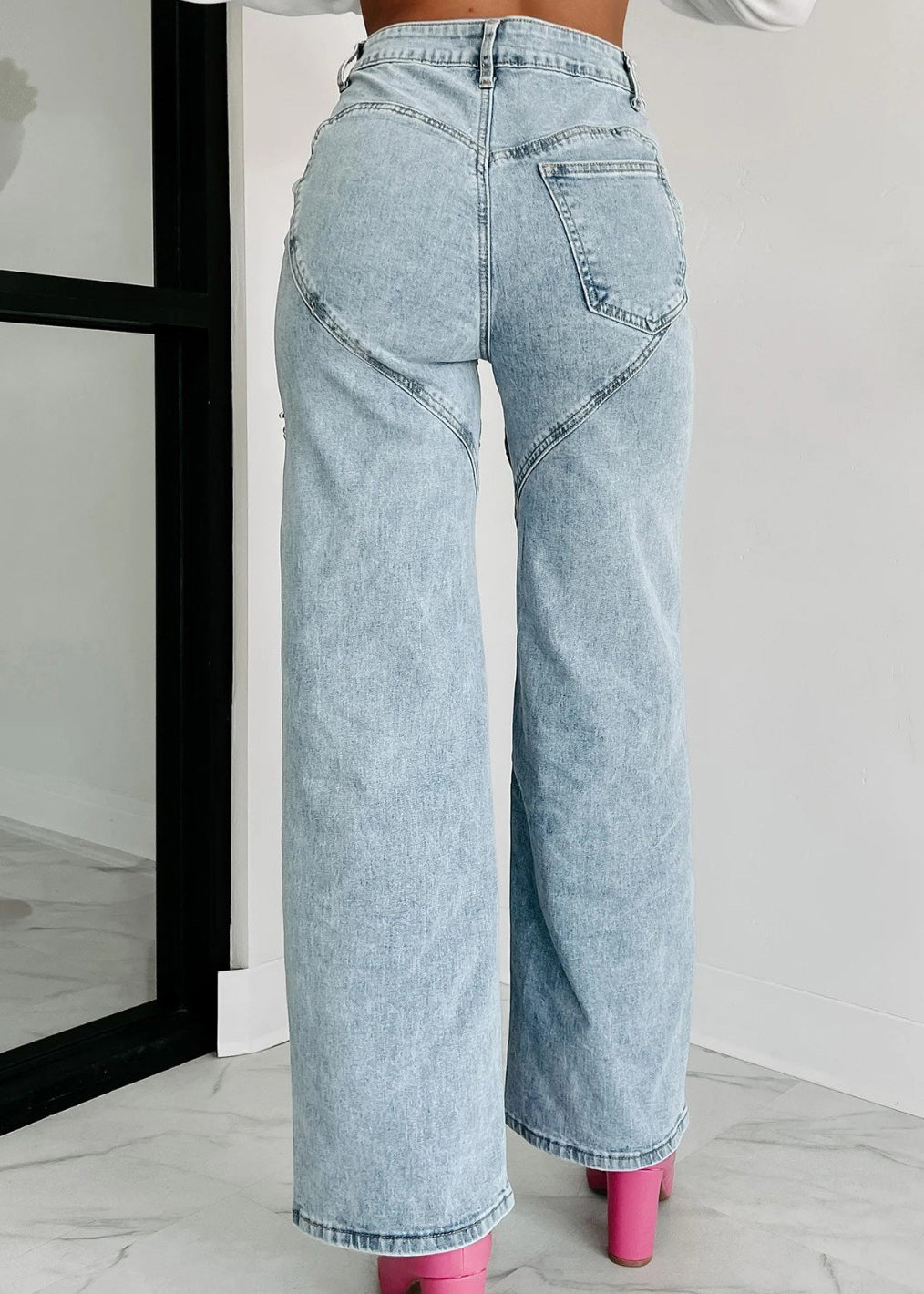 Blue Pockets Jeans High Hole Summer Waist Straight Unique