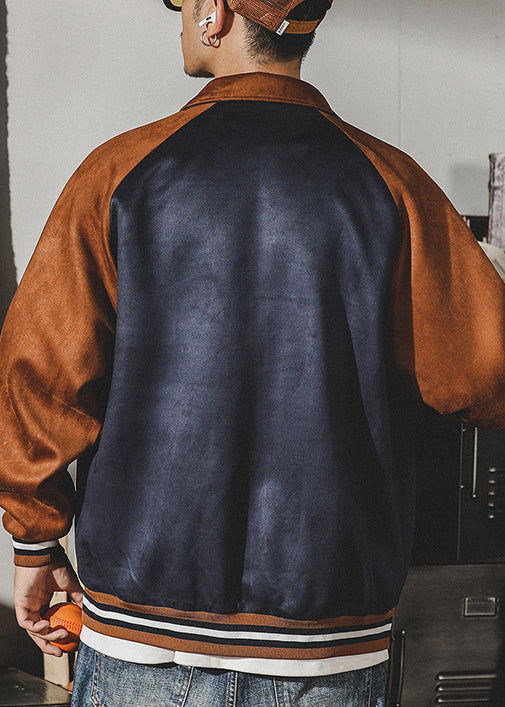 Unique Blue Peter Pan Collar Letter Patchwork Faux Suede Mens Coats Spring TC054