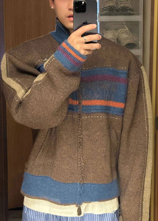 Unique Coffee Zip Up Striped Patchwork Knit Mens Cardigan Spring TK003