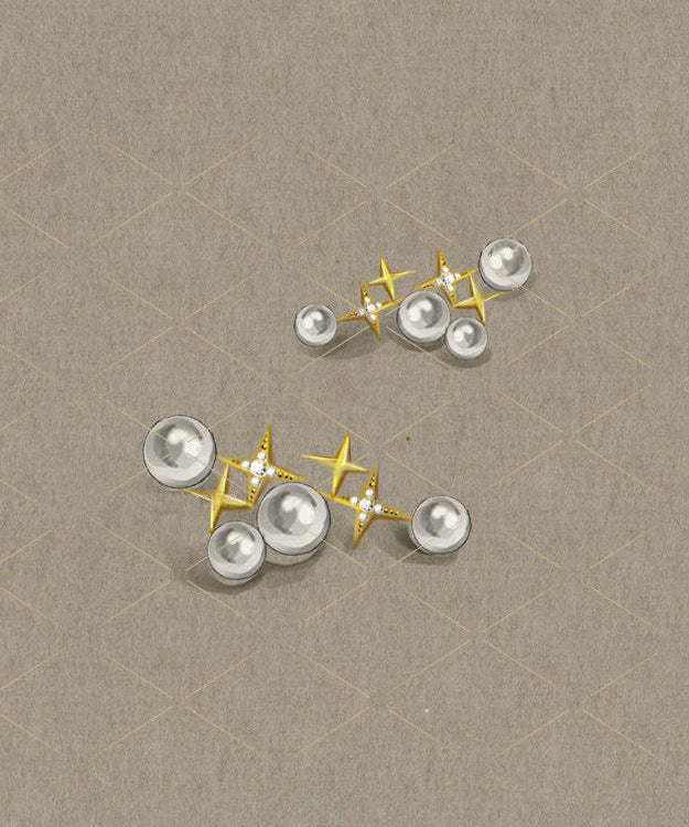 Unique Gold Sterling Silver Overgild Pearl Star Stud Earrings TX048