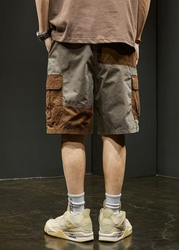 Shorts Patchwork Cotton Elastic Pockets Unique Waist Grey Men