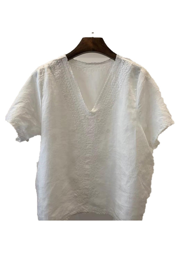 Neck Summer Light Shirt Unique Embroidered V Linen Blue Tops