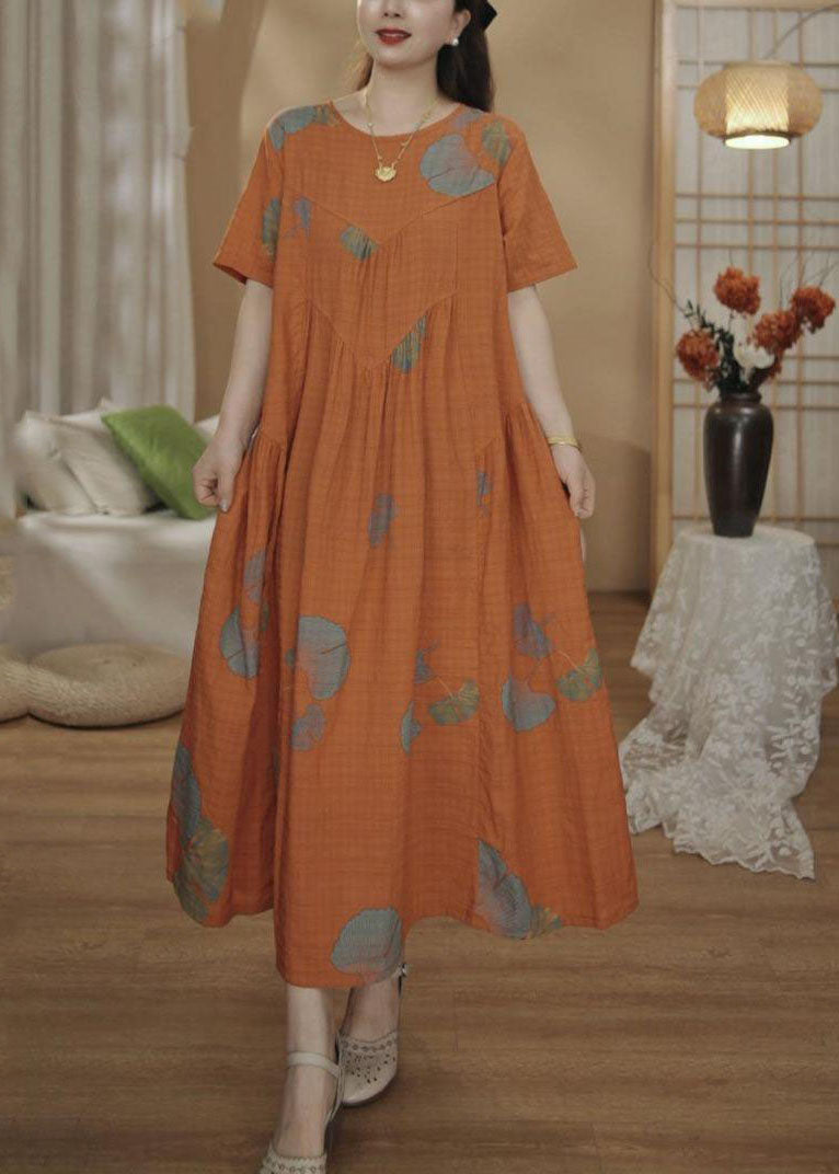Unique Oversized Print Summer Orange Cotton Dresses Maxi