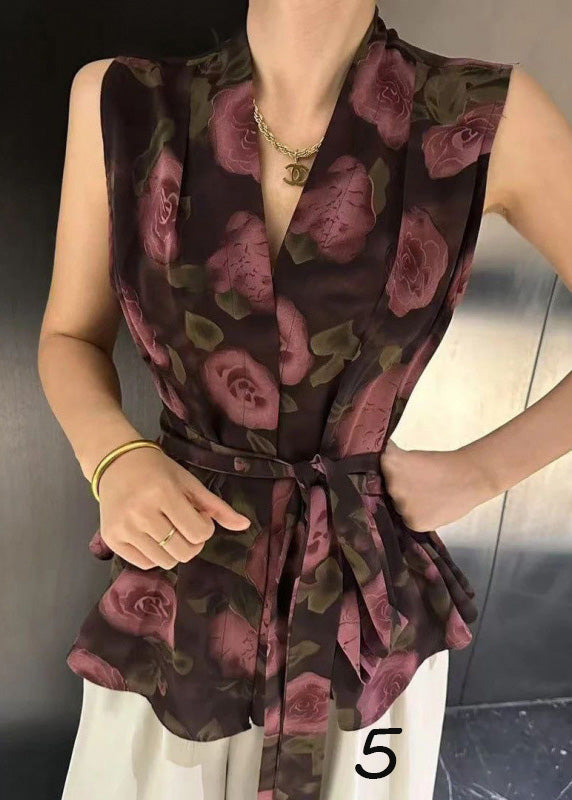 Print Tie Sleeveless Vest Spandex Unique Waist