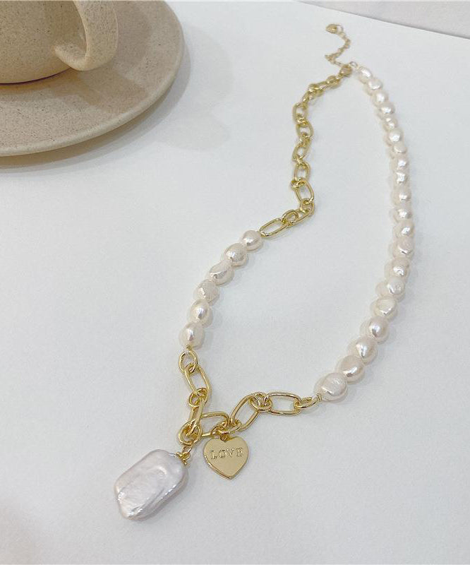 Unique Asymmetrical White Pendant Pearl Overgild Copper Necklace