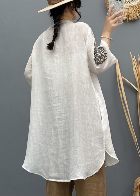 Long Summer Embroidered Vintage Linen Shirt Apricot