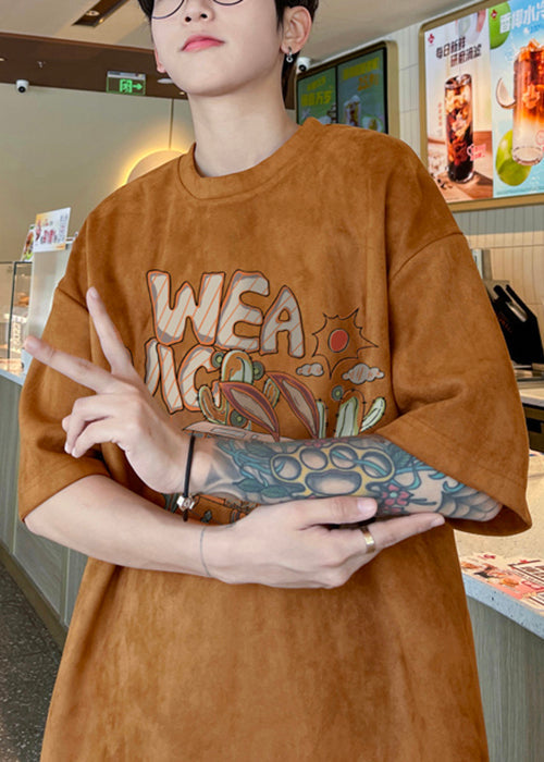 O Print Suede Shirt Vintage T Faux Green Neck Men Army Half