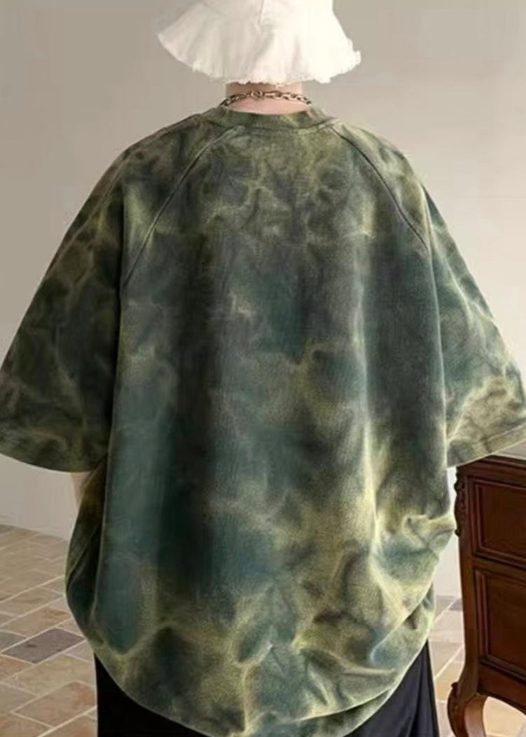 Cotton Mens Dye Shirt Army Sleeve T O-Neck Half Vintage Green Tie