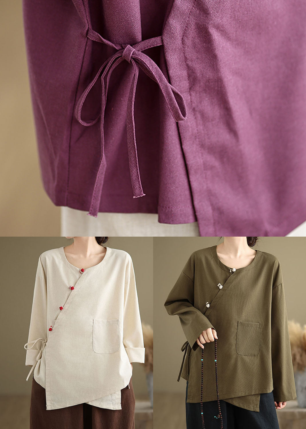 Vintage Beige O Neck Lace Up Patchwork Cotton Blouse Top Spring TJ010