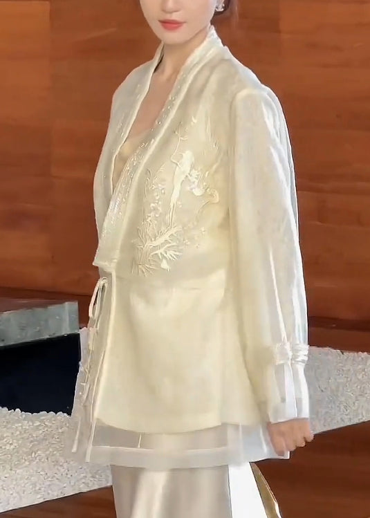 Vintage Beige V Neck Embroidered Lace Up Silk Cardigan Spring YF016