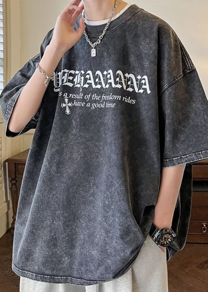 Sleeve T O Half Cotton Neck Black Letter Vintage Men's Shirts