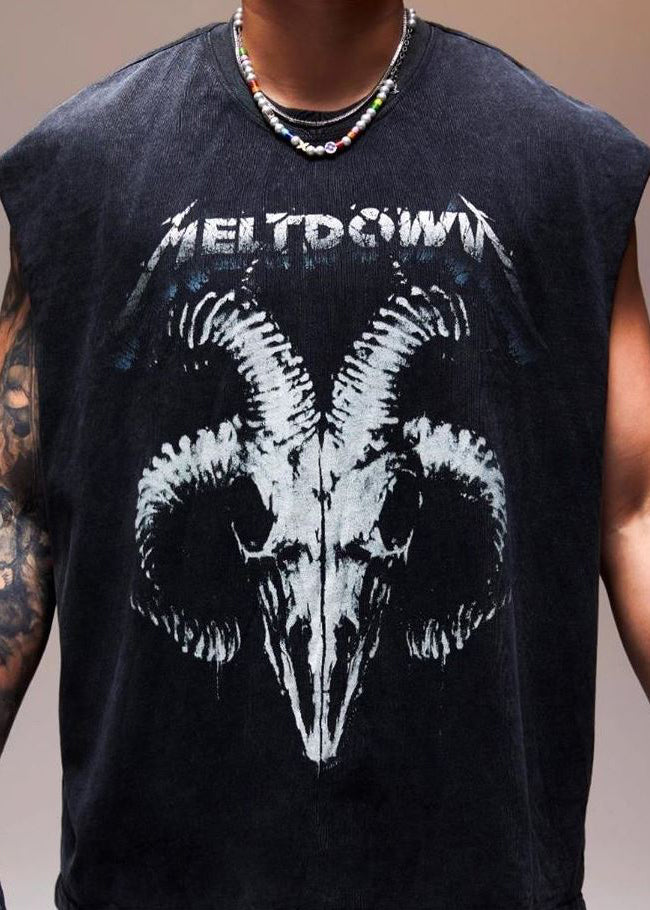 Letter Cotton Black Print Vintage Men Tank Sleeveless