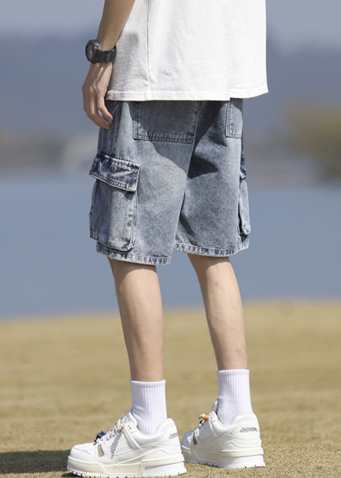 Vintage Black Pockets Lace Up Denim Mens Shorts Summer YL031