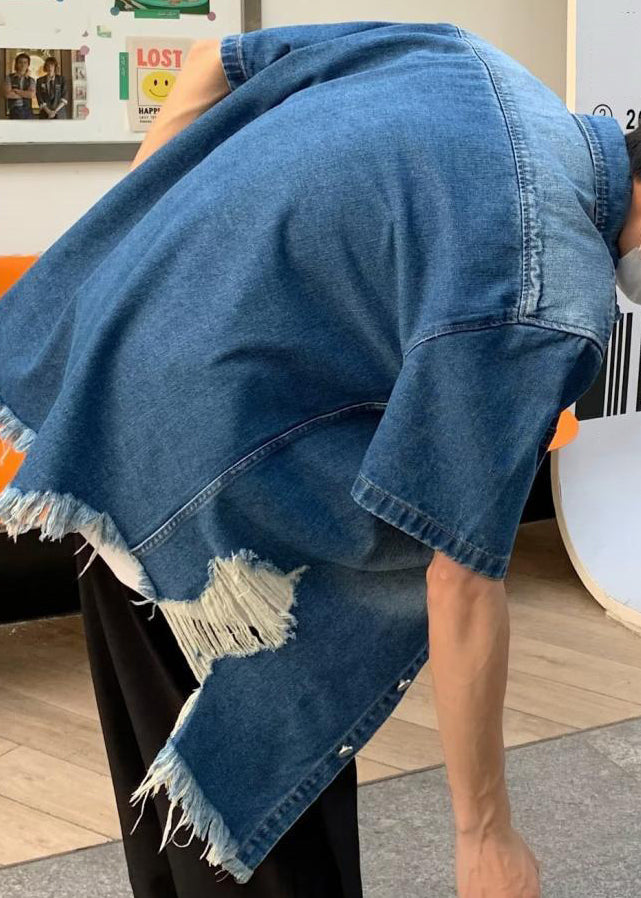 Hole Summer Denim Men's Shirts Blue Button Vintage