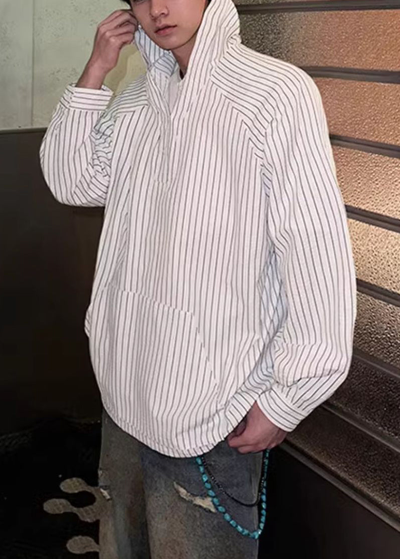 Spring Shirts Cotton Striped Vintage Hooded Blue Men's Button