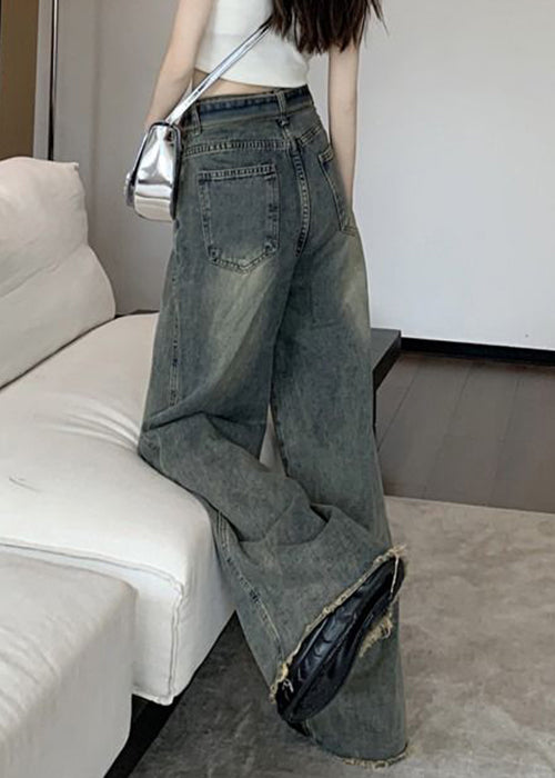 Vintage Spring Denim Pockets Blue Lace Up Pants