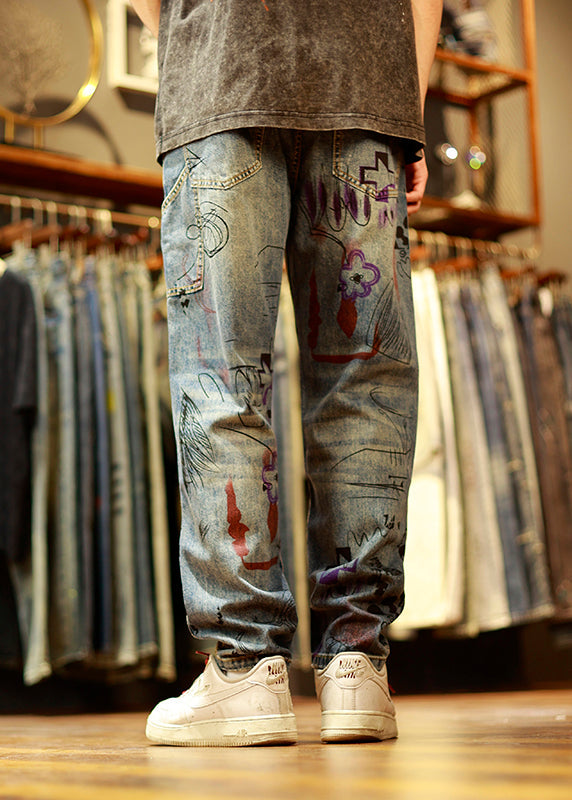 Vintage Blue Print Patchwork Mens Jeans Summer SA001