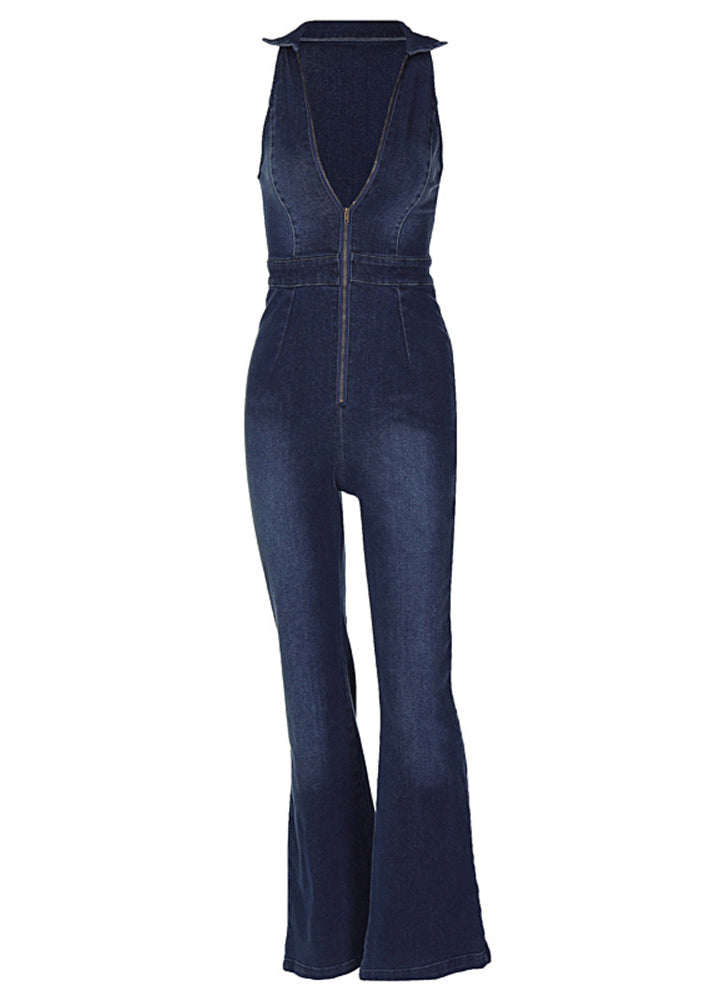 Jumpsuit Zip Waist Denim Sleeveless High Blue Up Vintage
