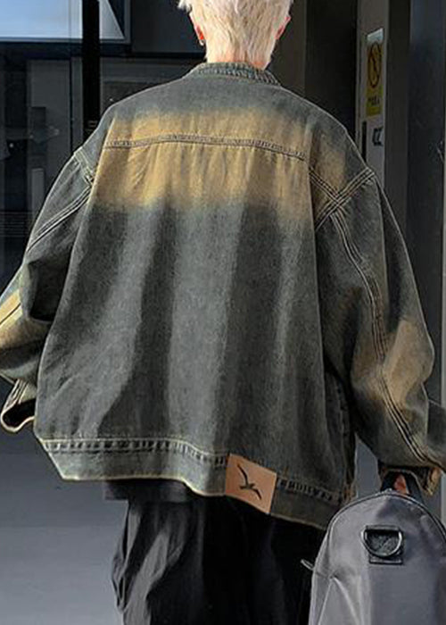 Denim Zippered Blue Coat Fall Pockets Men Vintage