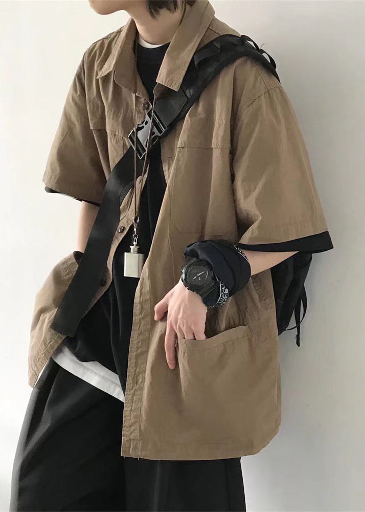 Summer Pockets Brown Vintage Solid Shirt Mens Button Cotton
